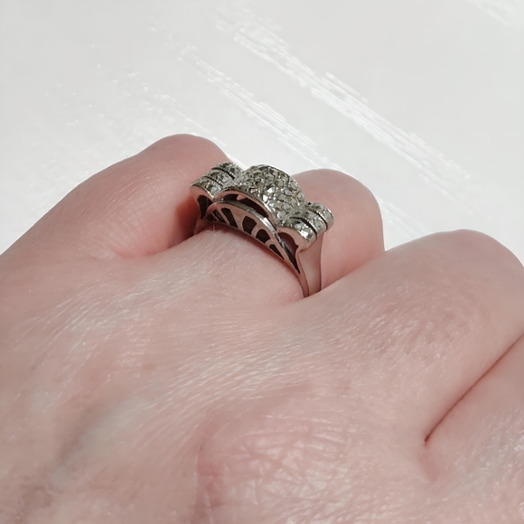 Art Deco German 935 Silver Marcasite Cocktail Ring Size 7 - Picture 15 of 17